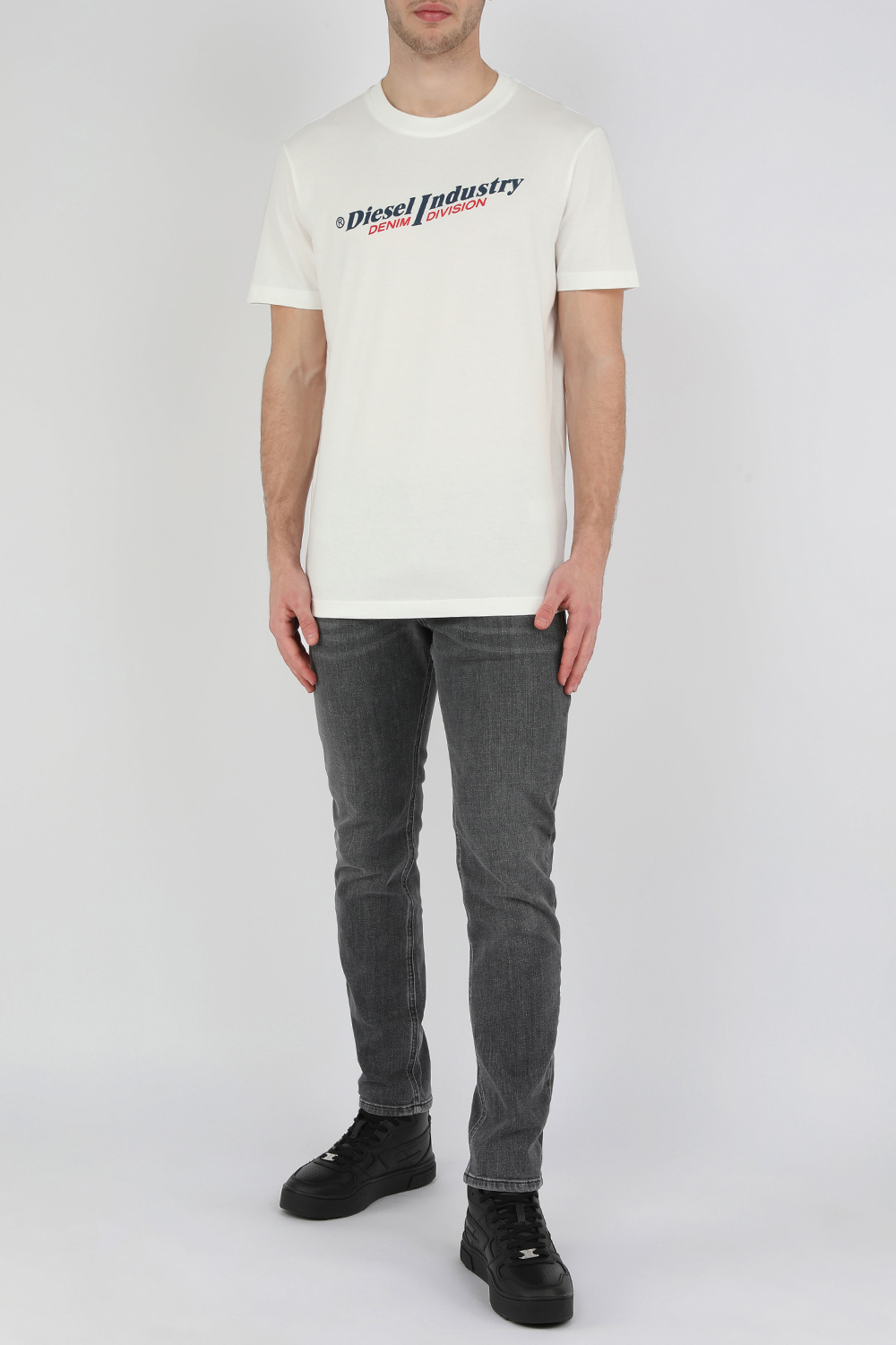 חולצת טי לבנה מכותנה עם דפוס לוגו אלכסוני DIESEL